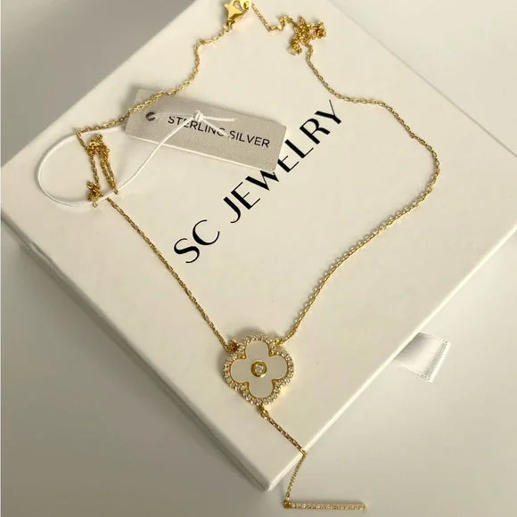 Rachel Zoe Clover Necklace Y Chain Zirconia Mother of Pearl 14k Gold Color - Picture 3 of 7